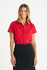A red button-up shirt for ladies with short sleeves and a collar, featuring two chest pockets.