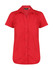 A red ladies short sleeve button-up shirt featuring a classic collar and two front pockets. It has a logo.