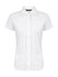 A white ladies short sleeve button-up shirt with a collar and front button closure, featuring a logo.