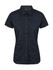 Ladies short sleeve button-up shirt in dark navy, featuring a fitted design and a logo on the collar.