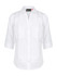 A white ladies' 3/4 sleeve button-up shirt with two chest pockets and a collar. It features a logo on the tag.