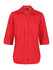 A red ladies' 3/4 sleeve button-up shirt with two front pockets and a collar, featuring a logo.
