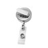 A metallic zip pull badge holder with a clear plastic strap, featuring a circular metal reel and a clip on top.