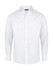 A white long sleeve button-up shirt featuring a collar and a logo on the chest.