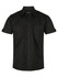 A black short sleeve button-up shirt featuring two front pockets and shoulder details.
