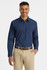A navy blue long sleeve button-up shirt for men, featuring a logo, with a model smiling while wearing it.