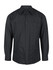 A black long sleeve button-up shirt featuring a collar and front button closure, with a logo on the sleeve.