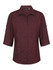 A maroon ladies' 3/4 sleeve button-up shirt with front pockets and a logo on the collar.