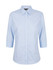 A light blue, button-up shirt with 3/4 sleeves and a collar, featuring a subtle check pattern and a logo.
