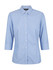 A blue and white striped 3/4 sleeve button-up shirt with a collar, featuring a branded label.