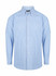 A blue checkered long sleeve button-up shirt with a collar and a logo on the chest.