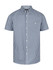 A short sleeve button-up shirt in a blue and white check pattern, featuring a branding logo.
