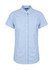 A blue and white checked short sleeve button-up shirt with a pocket and a logo on the chest.