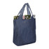 A large blue reusable tote bag with two handles, containing a drink bottle and magazines. It features a logo.