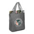 A grey reusable shopper tote featuring a logo, filled with magazines and a drink bottle.