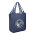 A reusable grocery bag in navy blue with carry handles and a logo on the front.