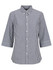 A button-up shirt featuring a black and white gingham pattern, with 3/4 sleeves and a collared neckline.