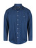 A men's long sleeve button-up shirt in deep blue denim with a front pocket and a collar. Features a logo.