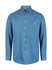 A blue long sleeve button-up shirt with a chest pocket and a collar. It features a logo on the tag.