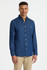 A mens long sleeve button-up shirt in a deep blue shade, featuring a chest pocket and white buttons.