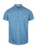 A light blue men's short sleeve button-up shirt with a front pocket and a logo on the collar.