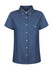 A short-sleeved button-up shirt in a dark blue denim fabric, featuring a pocket and a collar. The shirt has a logo.