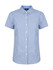 A blue and white checked short sleeve button-up shirt with a collar and front buttons. Features a logo on the label.