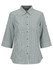 A 3/4 sleeve button-up shirt featuring a green and white checkered pattern. The shirt has a collar and button closure.