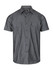 A short sleeve button-up shirt in a dark grey colour with two chest pockets and a logo.