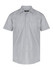 A short-sleeve button-up shirt in light grey with two chest pockets and a logo on the label.
