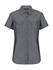 A ladies short sleeve button-up shirt in dark grey with two chest pockets and a collar, featuring a logo.