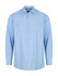 A light blue long sleeve button-up shirt with a collar and a logo on the chest.