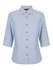 A light blue ladies' button-up shirt with 3/4 sleeves and a collar, featuring a logo on the label.