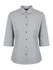 A light grey ladies' 3/4 sleeve button-up shirt with a collar and logo detailing.