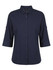 A button-up shirt in navy blue with 3/4 sleeves and a collar, featuring a logo.