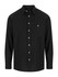 A black long sleeve button-up shirt featuring a chest pocket and a branded logo on the label.