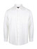 A white long sleeve button-up shirt featuring a chest pocket and a logo.