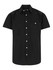 A black short sleeve button-up shirt featuring a front pocket and a logo.