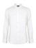 A white ladies long sleeve button-up shirt featuring a collar and a logo on the label.
