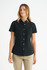 A black ladies short sleeve shirt with a collared neckline and button front, featuring a logo.