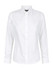 A white long sleeve button-up shirt for women featuring a classic collar and a logo on the label.