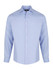 A light blue men's long sleeve button-up shirt with a collar and a logo on the label.