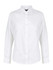 A white long sleeve button-up shirt with a collar and cuffed sleeves, featuring a logo on the chest.