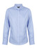 A light blue ladies' long sleeve button-up shirt with a collar and a logo.