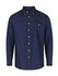 A men's long sleeve button-up shirt in navy blue with a chest pocket and a logo on the shirt.