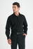 A black long sleeve button-up shirt for men, featuring a classic collar and a fitted silhouette, with a branded logo.
