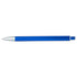 A blue ballpoint pen with a silver tip and a click action mechanism, featuring a logo on the barrel.