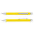 A yellow pen with silver accents and a clip, featuring a laser cut logo on the barrel.