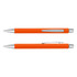 An orange pen with a silver clip and accents, featuring a logo design.