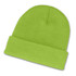 A vibrant green beanie made from soft, textured fabric, featuring a rolled cuff design.